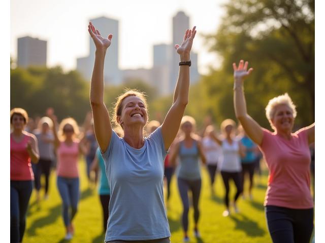 Group of diverse adults participating in an outdoor yoga class in an Austin park, with the cityscape in the background