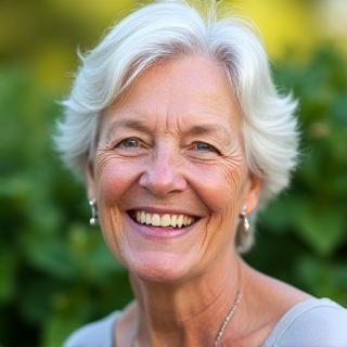 Smiling Martha, a woman in her late 50s, looking vibrant and healthy in a natural setting.