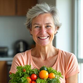 Radiant Susan, a woman in her mid-60s, smiling while holding a fresh salad, looking vibrant.