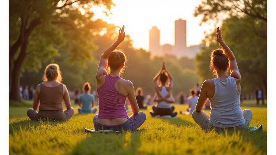 Group of diverse adults practicing yoga outdoors in an Austin park with the city skyline in the distance, bathed in morning light.