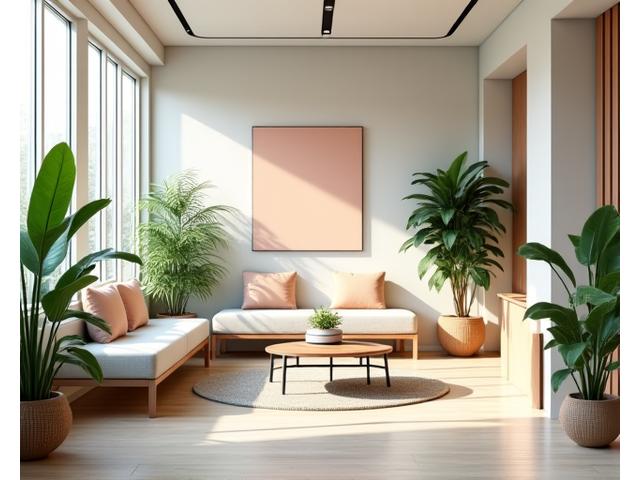 Modern, inviting office interior with natural light, green plants, and comfortable seating, reflecting a calm and welcoming wellness center environment.