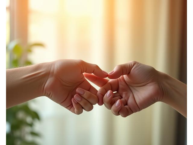 Two diverse hands lightly touching, symbolizing connection and support within a caring community, set against a soft, naturally lit background with a focus on human interaction and empathy.