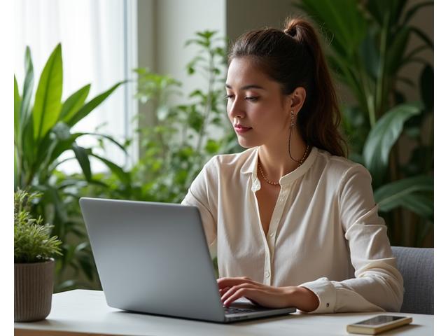 A serene individual thoughtfully typing on a laptop, surrounded by lush green plants, embodying focus and personal well-being.