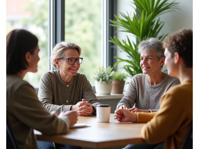 A diverse group of adults engaging in supportive conversation, symbolizing genuine community feedback and trust.