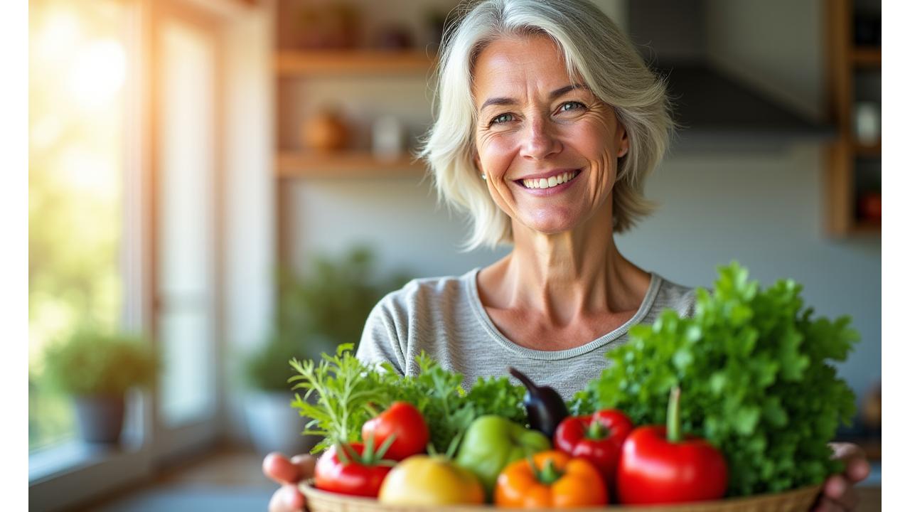 Healthy woman smiling and holding fresh produce, symbolizing inner wellness and vitality.