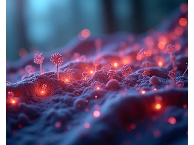 Illustration of the human gut microbiome with beneficial bacteria and a healthy gut lining against a serene background.