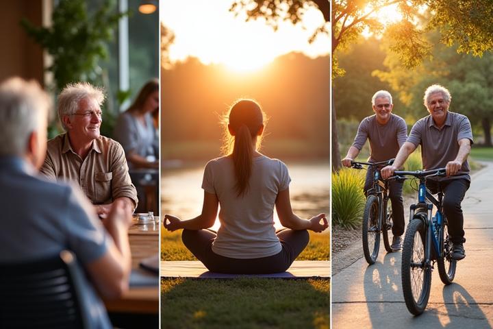 An integrated scene showing various elements of a healthy Austin lifestyle: yoga outdoors, healthy cooking, and community interaction
