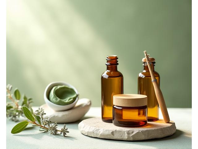 Natural beauty products on a wooden surface
