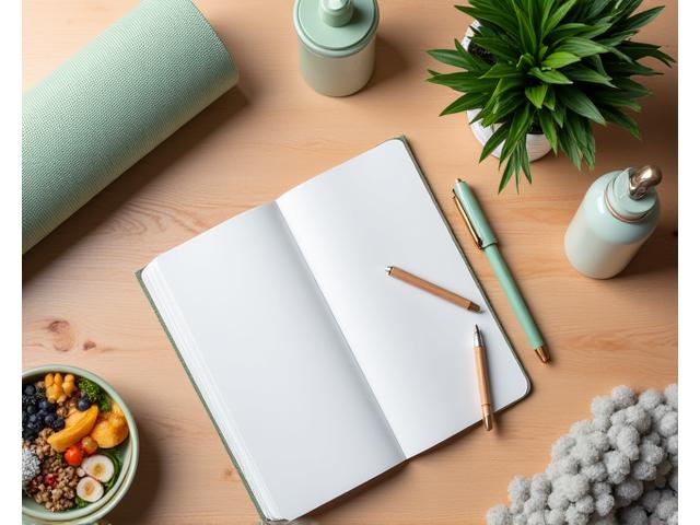 Overhead shot of a person journaling next to a balanced healthy meal and exercise equipment, symbolizing comprehensive lifestyle optimization