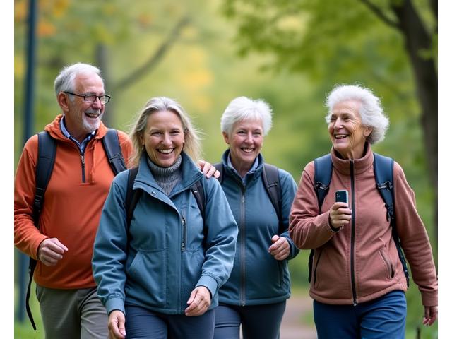 A diverse group of active adults enjoying a brisk walk in a park, symbolizing healthy aging and vitality