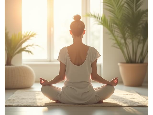 A person meditating in a peaceful, minimalist room with soft natural light, symbolizing stress management and mindful living