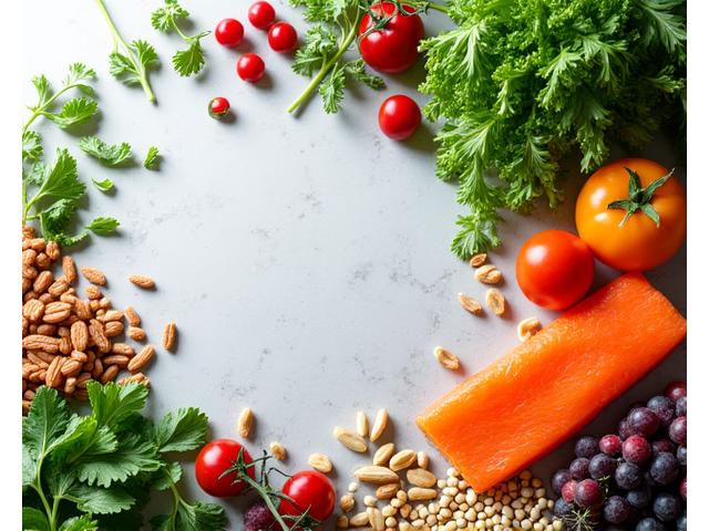 Fresh, vibrant healthy ingredients on a kitchen counter, symbolizing personalized nutrition coaching