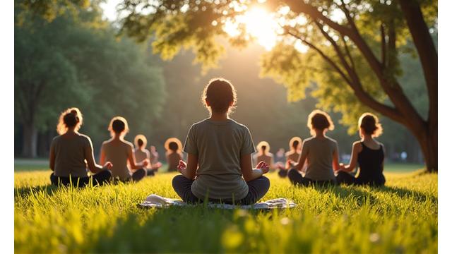 Group of diverse people meditating together outdoors in a gentle setting