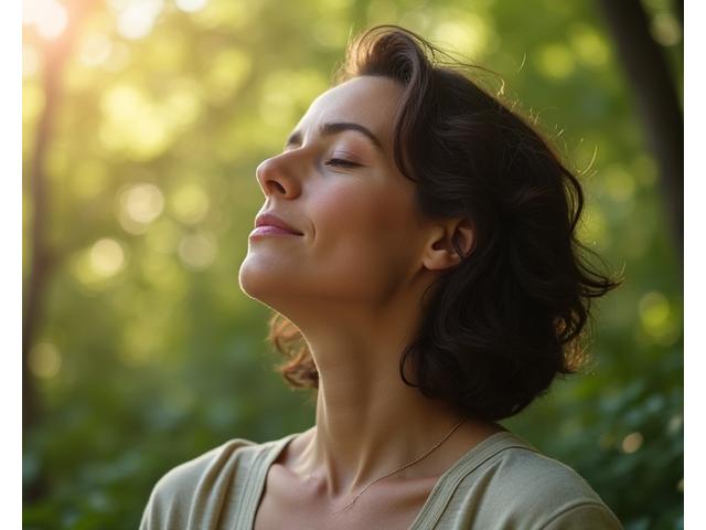 Person taking a deep, calm breath in a natural setting