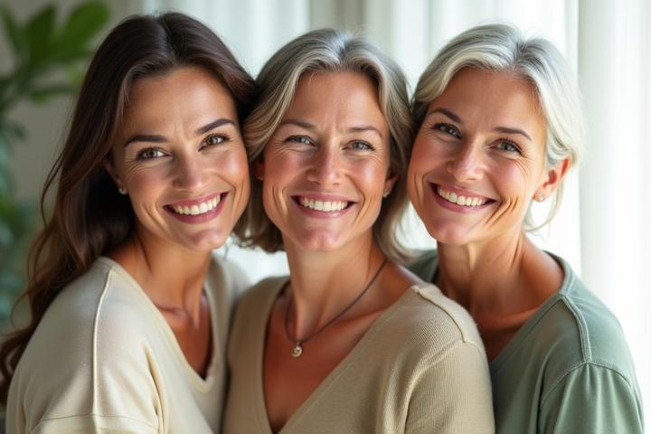 Three diverse women, ages 35+, 45+, and 55+, gracefully showcasing healthy, glowing skin, representing different life stages of natural beauty.