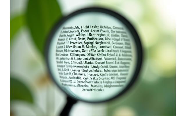 A close-up of a skincare ingredient list being examined under a magnifying glass, emphasizing transparency.