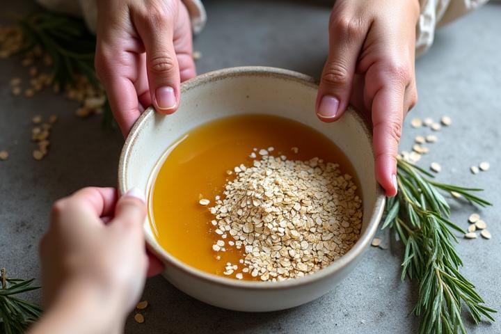 Hands mixing fresh, natural ingredients like honey, oats, and herbs in a bowl, with a rustic Austin-inspired background.