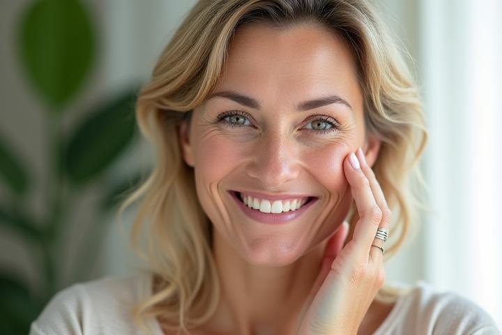 A radiant woman applying natural, clean beauty products, reflecting confidence and natural health.