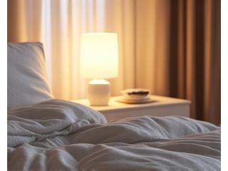 A peaceful bedroom scene with soft lighting, symbolizing sleep optimization.