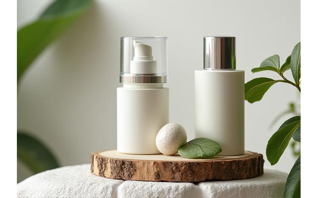 Eco-friendly natural skincare products in minimalist, sustainable packaging.