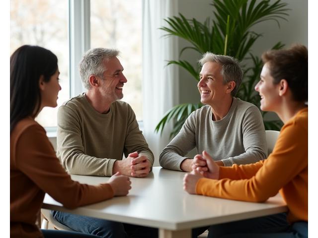 Diverse group of adults engaged in a calm, collaborative discussion, symbolizing community.