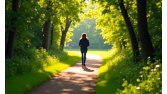 Person walking through a lush green park